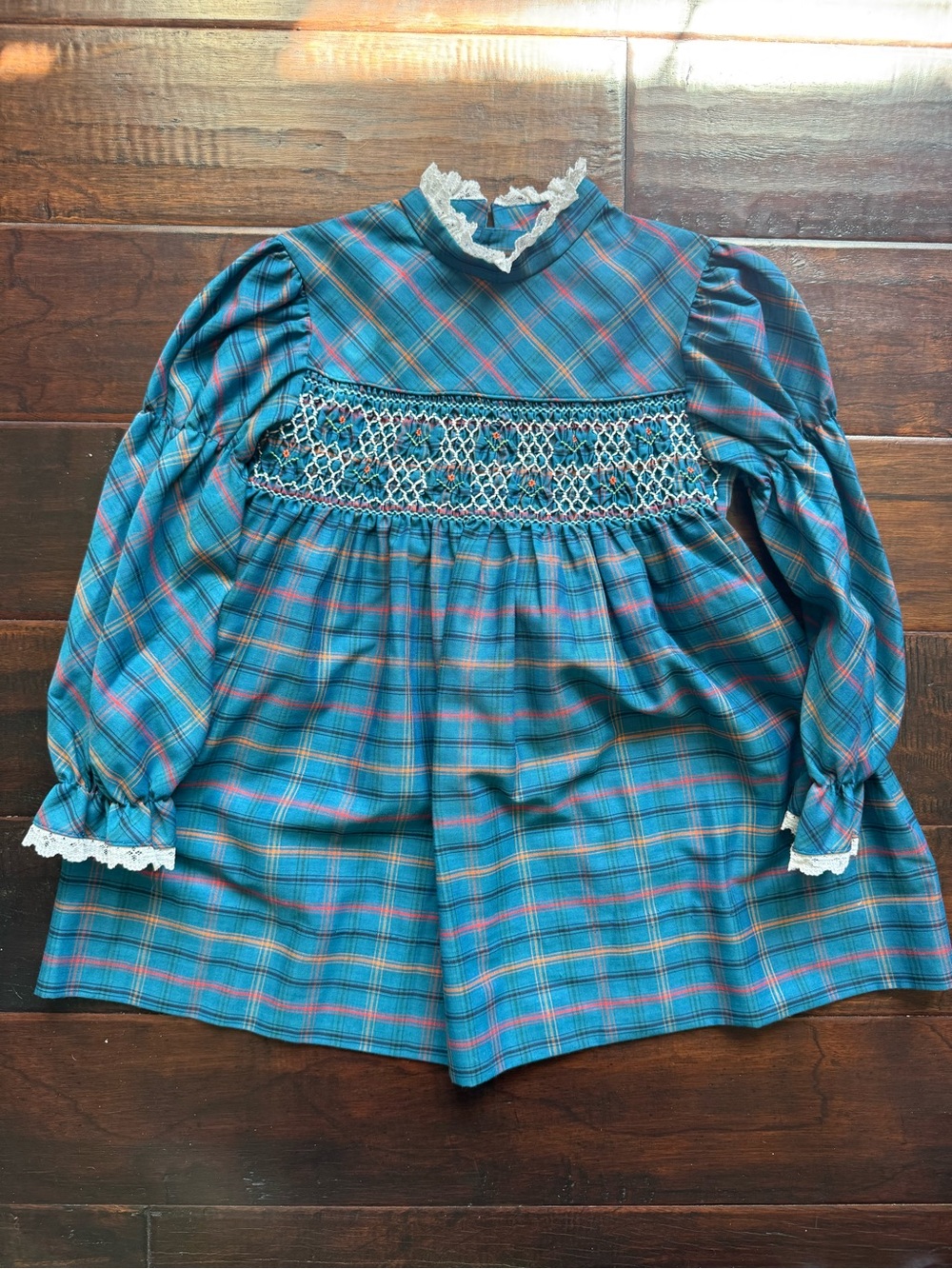 Vintage Polly Flinders Smocked Dress Size 6T Teal Plaid Cottagecore
